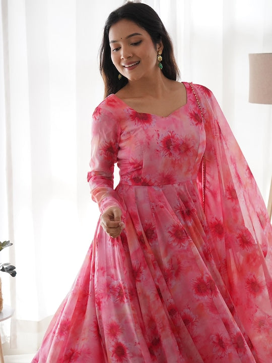 Fusionic Floral Printed V-Neck Anarkali Silk Kurta With Trousers & Dupatta