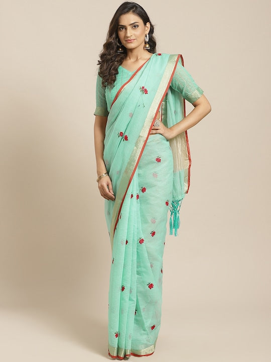 Saree mall Sea Green & Red Embroidered Saree