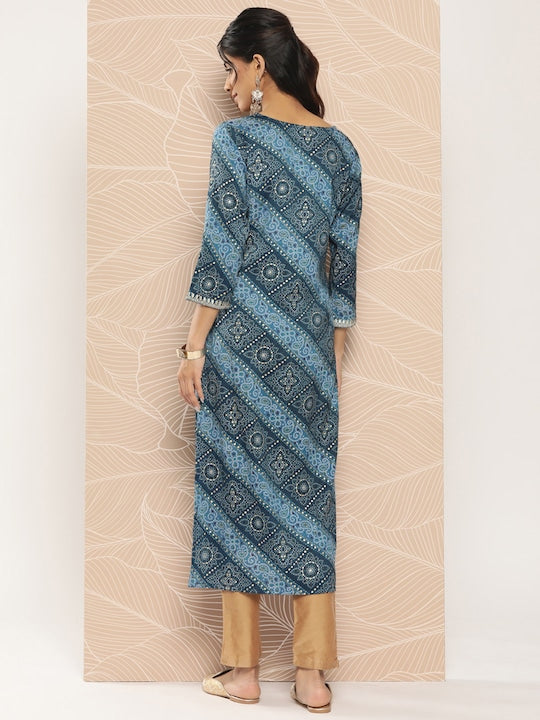 Yufta Bandhani Printed Gotta Patti Kurta Blue