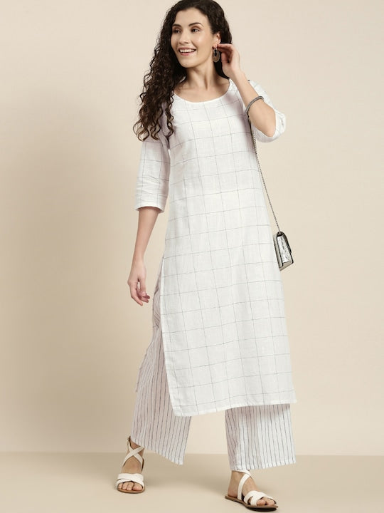 Vishudh Women Off-White & Black Checked Straight Kurta With Striped Palazzos