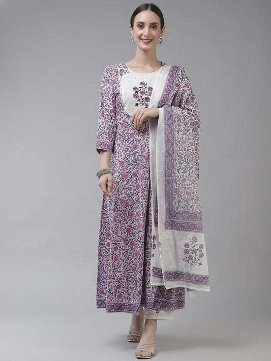 Yufta Women Lavender Ethnic Motifs Printed Pure Cotton Kurta with Trousers & Dupatta