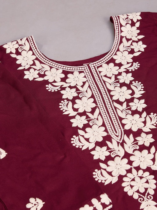 House of Pataudi Floral Embroidered Round Neck Kurta With Trousers & Dupatta