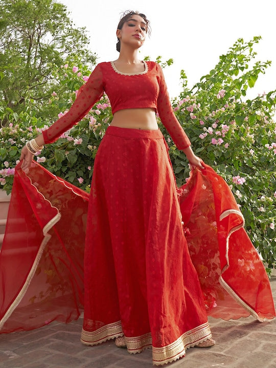 Janasya Woven Design Organza Ready to Wear Lehenga & Blouse With Dupatta