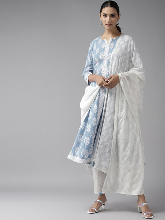 Yufta Women Blue & White Ethnic Motifs Printed Pure Cotton Kurta with Palazzos & Dupatta