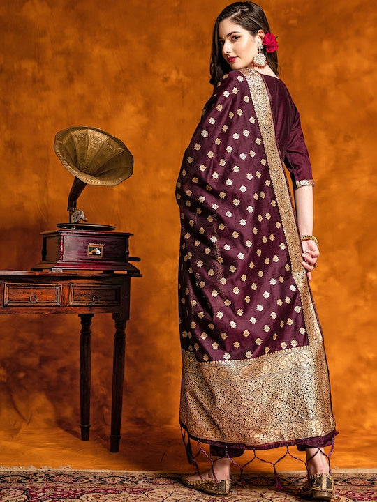 Here&now Ethnic Motifs Woven Design V-Neck Empire Kurta With Trousers & Dupatta