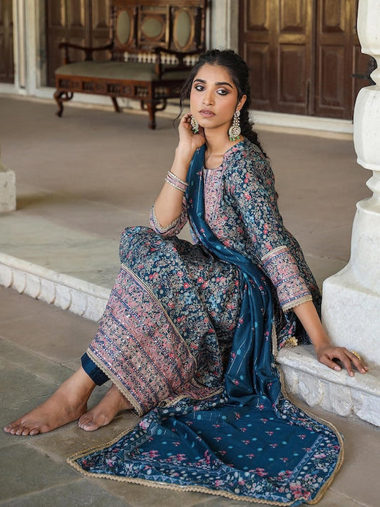Scakhi Floral Printed Empire Mirror Work Chanderi Silk Kurta With Trousers & Dupatta