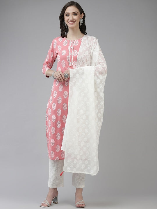 Yufta Women Pink Ethnic Motifs Printed Pure Cotton Kurta with Trousers & Dupatta