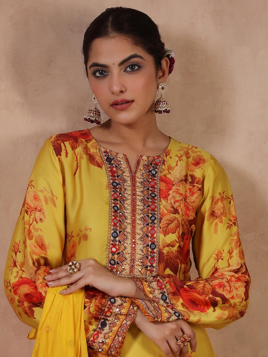 Scakhi Floral Printed Mirror Work Satin Kurta with Churidar & Dupatta