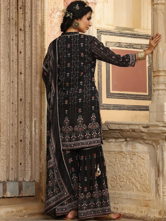 Scakhi Women Black Floral Printed Panelled Thread Work Kurta with Sharara & With Dupatta