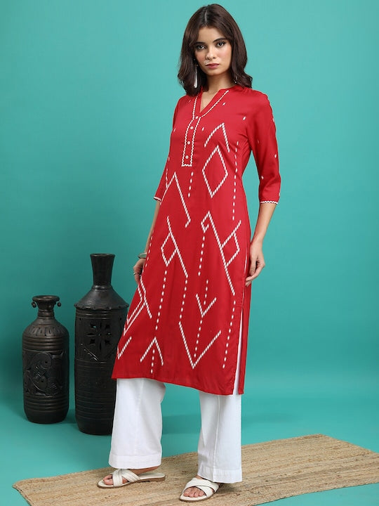 Vishudh Red Geometric Printed Mandarin Collar Straight Kurta