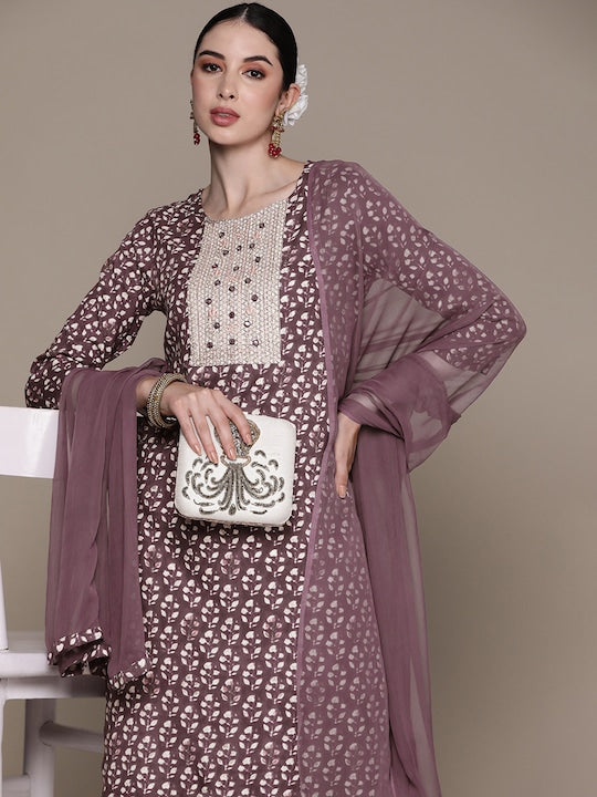 Anubhutee Floral Printed Regular Mirror Work Kurta with Trousers & With Dupatta