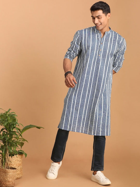 Vastramay Striped Mandarin Collar Pure Cotton Kurta