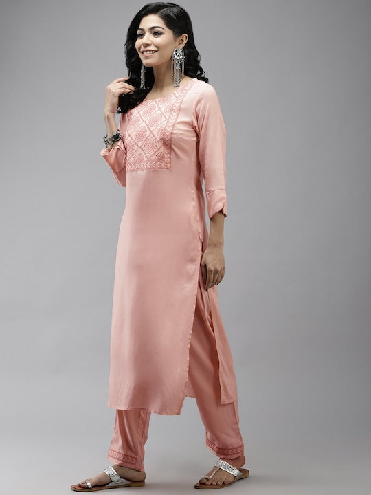Yufta Women Pink Yoke Design Thread Work Kurta with Palazzos & With Dupatta