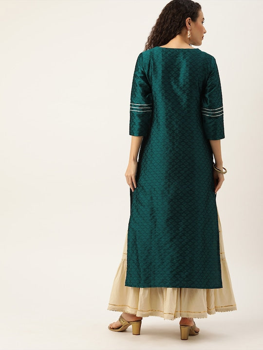Varanga Women Green & Silver-Toned Yoke Design Straight Kurta