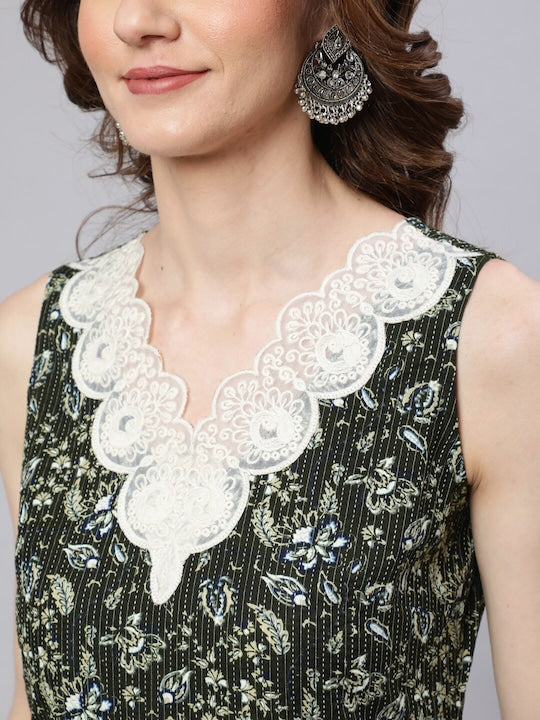 AKS Ethnic Motifs Printed Lace Detail Pure Cotton Straight Kurta