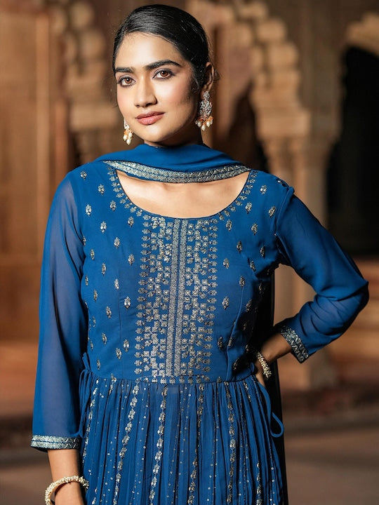 Scakhi Embroidered High Slit Sequinned Kurta With Palazzos & Dupatta