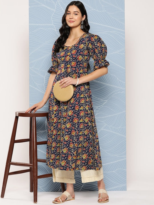 Yufta Floral Printed Puff Sleeves Pure Cotton Anarkali Kurta
