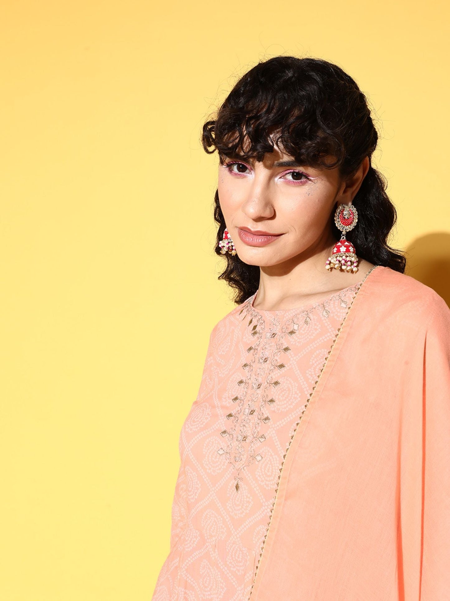 ISHIN Womens Cotton Blend Peach Embroidered Anarkali Kurta with Dupatta (Set of 2)