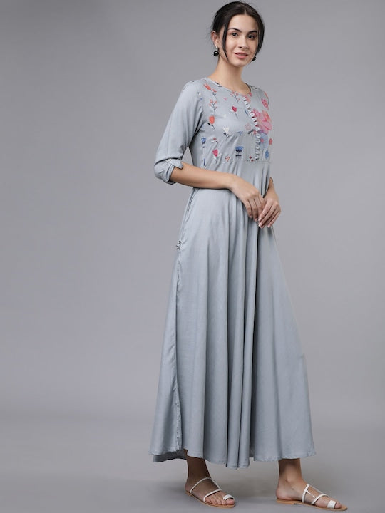 Vishudh Women Grey Floral Embroidered Detail Fit and Flare Dress