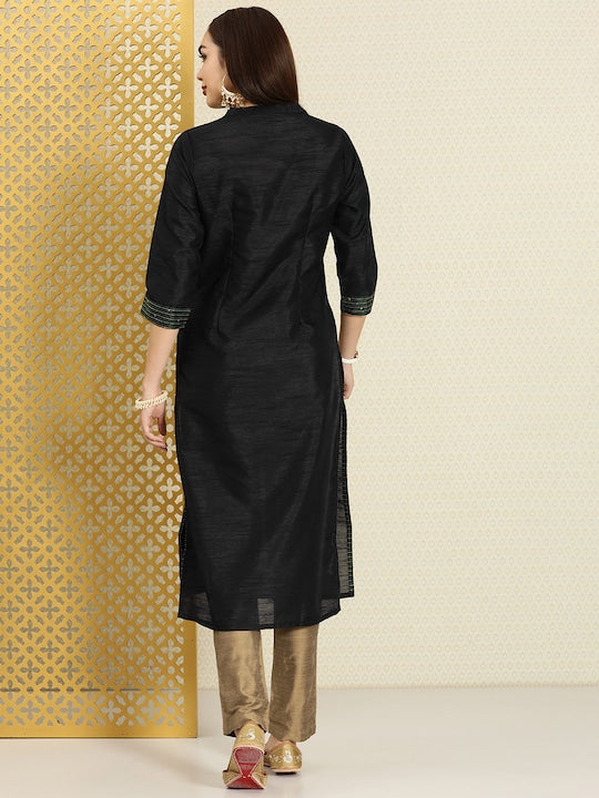 House of Pataudi Women Black Yoke Design Rozana Kurta