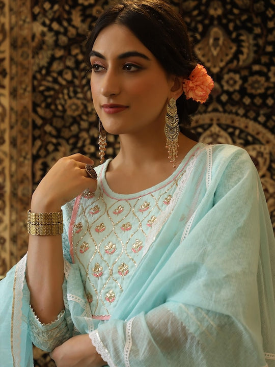 Scakhi Floral Chikankari Embroidered Pure Cotton Kurti With Sharara & Dupatta