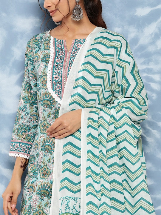 Yufta Floral Block Printed Regular Pure Cotton Kurta With Trousers & Dupatta