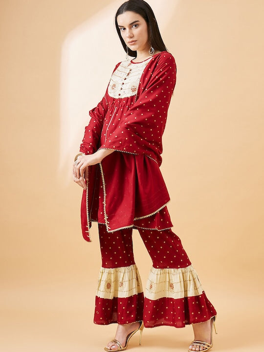 Sangria Polka Dots Printed Gotta Patti A-Line Kurta With Sharara & Dupatta