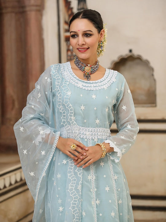 Scakhi Floral Embroidered Organza Panelled Anarkali Kurta with Trousers & With Dupatta