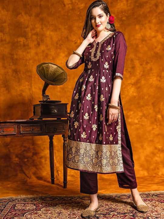 Here&now Ethnic Motifs Woven Design V-Neck Empire Kurta With Trousers & Dupatta