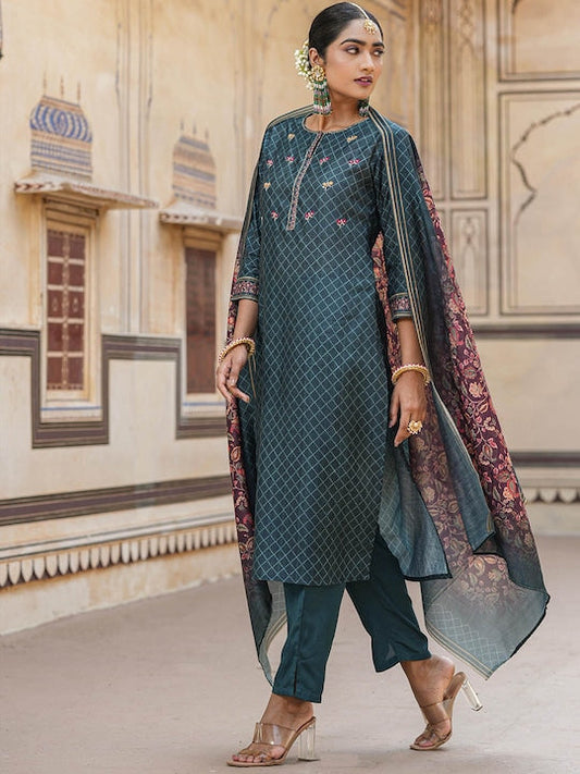 Scakhi Ethnic Motifs Woven Design Regular Kurta With Trousers & Dupatta