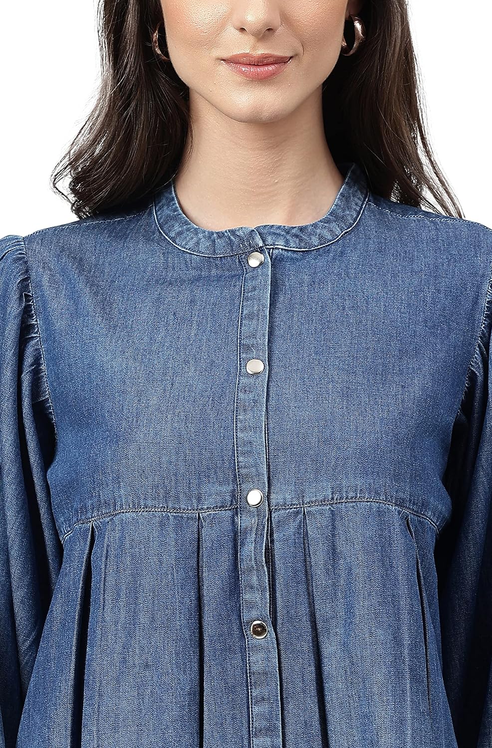 Janasya Women's Blue Denim Faded Flared Top