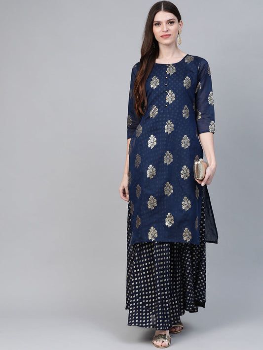 Ahalyaa Women Navy Blue & Golden Foil Printed Layered Maxi Dress