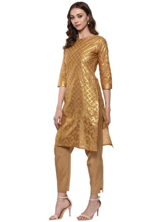 Ahalyaa Short Beige Cotton Blend Kurta With Metallic Gold Chevron Print
