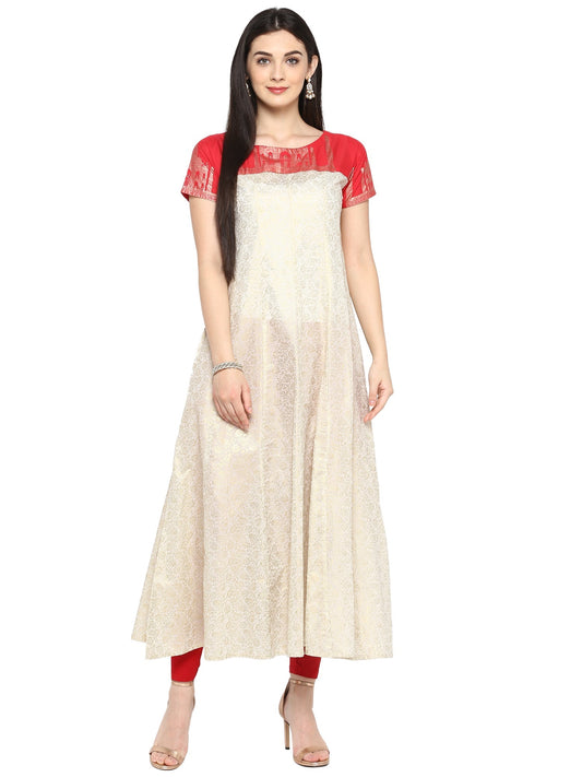 Ahalyaa Red & Off White Metallic Print Anarkali Kurta