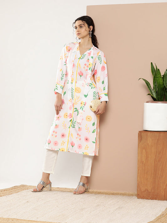 Ahalyaa Women White & Pink Floral Printed Floral Crepe Kurta