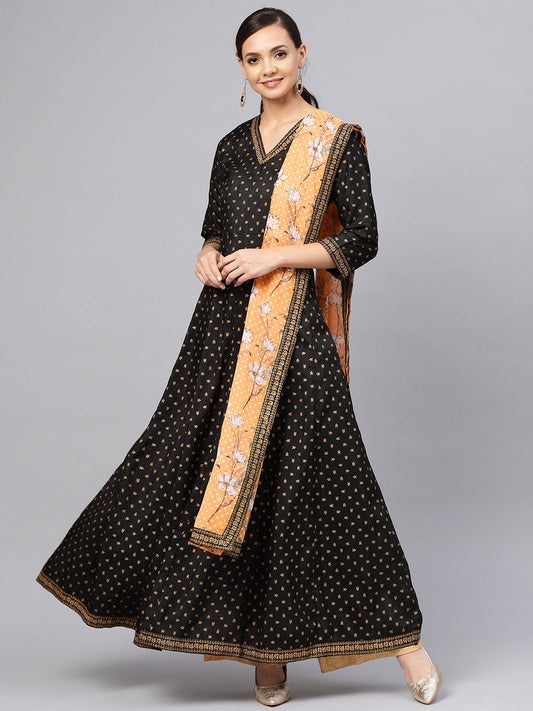 Ahalyaa Black &  Gold Printed Anarkali Kurta Set for Women