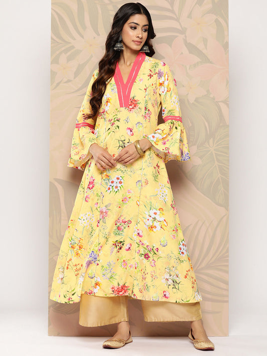 Ahalyaa Floral Printed Bell Sleeves Gotta Patti Crepe Kurta