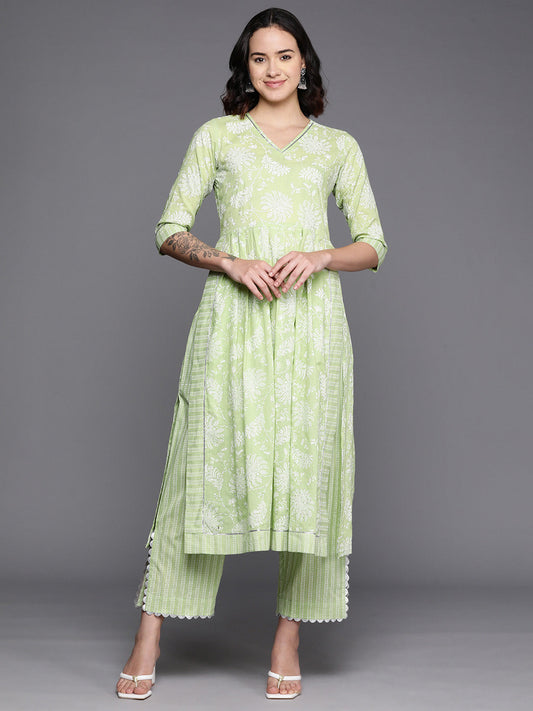 Ahalyaa Floral Printed High Slit Gotta Patti Pure Cotton Kurta With Trousers
