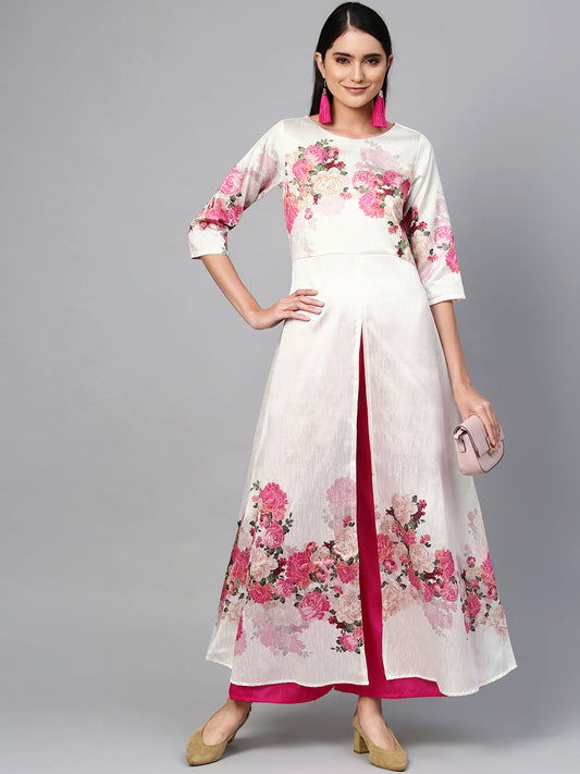 Ahalyaa Women Off White & Pink Printed Kurta with Palazzo
