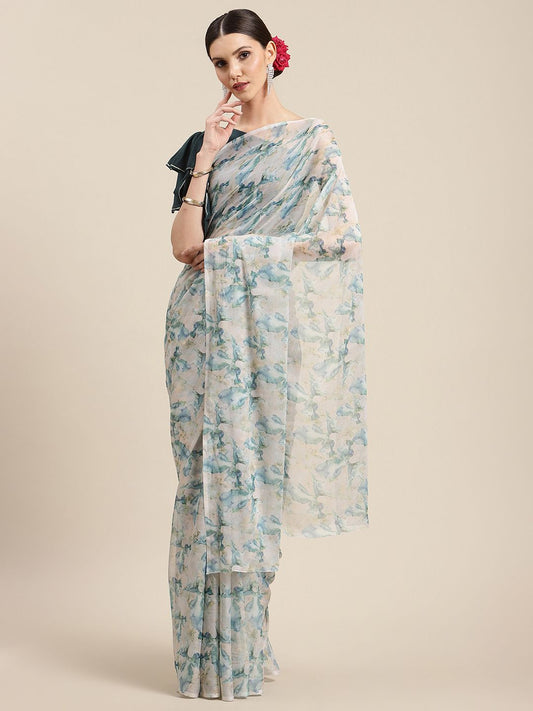 Ahalyaa Women's Off White Chiffon Abstract Digital Print Saree
