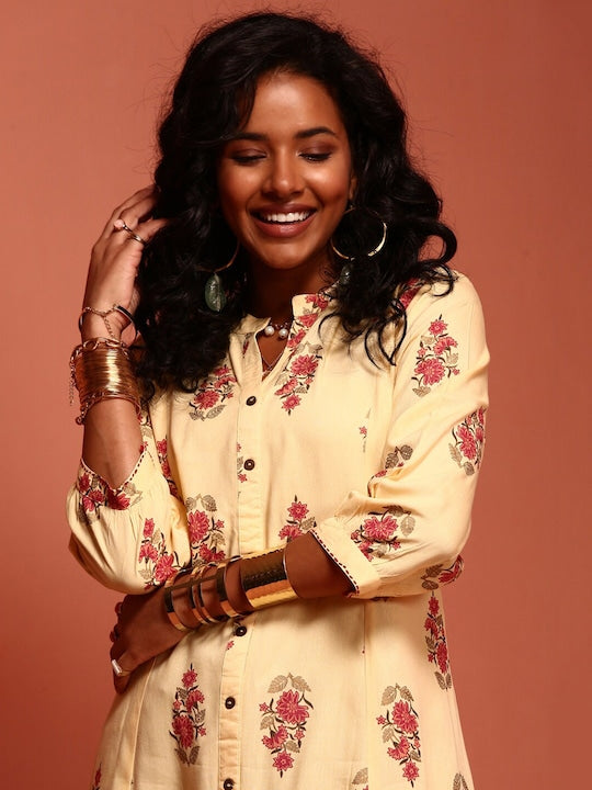 IMARA Floral Printed Mandarin Collar A-Line Kurta