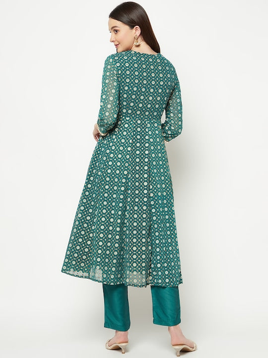 IMARA Floral Printed Mirror Work Panelled A-Line Kurta With Trousers