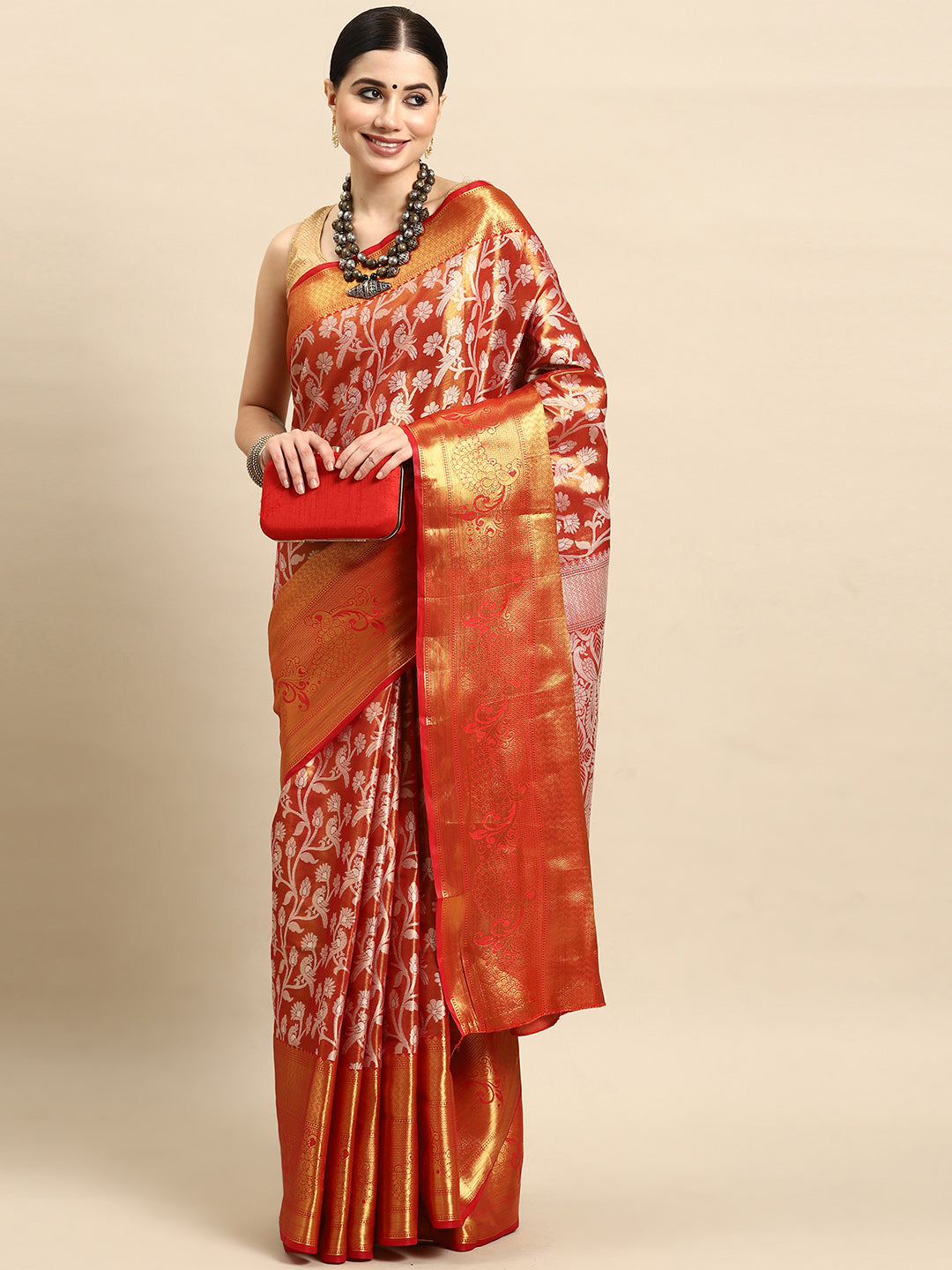 Silk Land Floral Printed Brocade Banarasi Saree