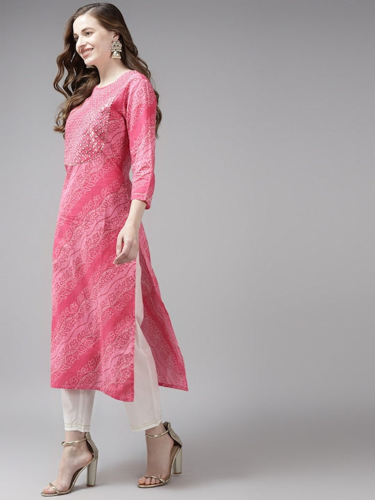 Yufta Women Pink Bandhani Yoke Design Regular Sequinned Pure Cotton Kurta with Palazzos
