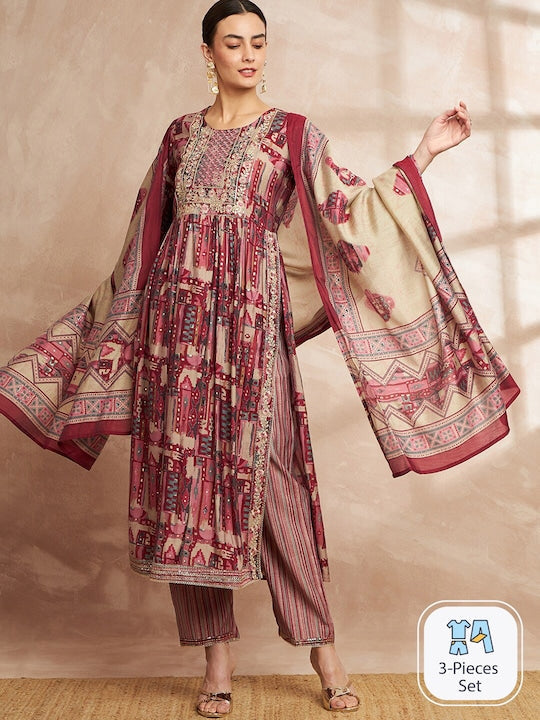 All about you Geometric Printed Regular Straight Kurta With Trousers & With Dupatta