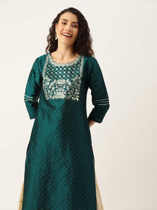 Varanga Women Green & Silver-Toned Yoke Design Straight Kurta