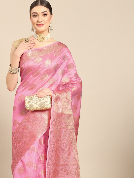 All about you Pink & Gold-Toned Woven Design Organza Saree