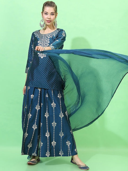 Vishudh Women Teal Ethnic Motifs Printed Kurti with Palazzos & With Dupatta