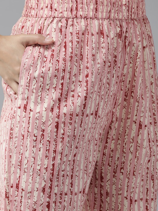 Yufta Women Pink Floral Embroidered Thread Work Pure Cotton Kurta with Trousers & With Dupatta