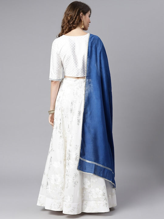 Janasya Women White Foil Floral Printed Lehenga Choli With Dupatta